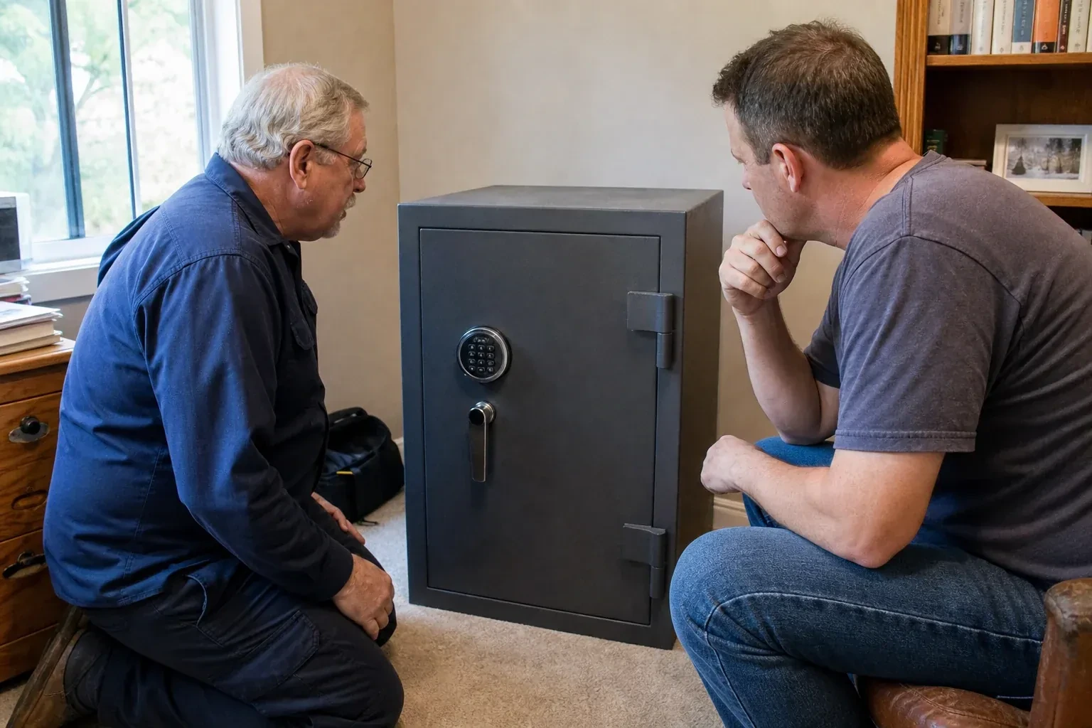 Two adults discussing a closed keypad safe in a home study. — Safe Opening & Combination Change, Burlington