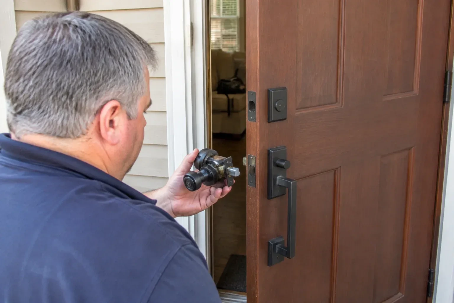 Person holding a removed black lock assembly beside a partly open brown front door with a long black pull handle. — Home Lockout Service, Burlington