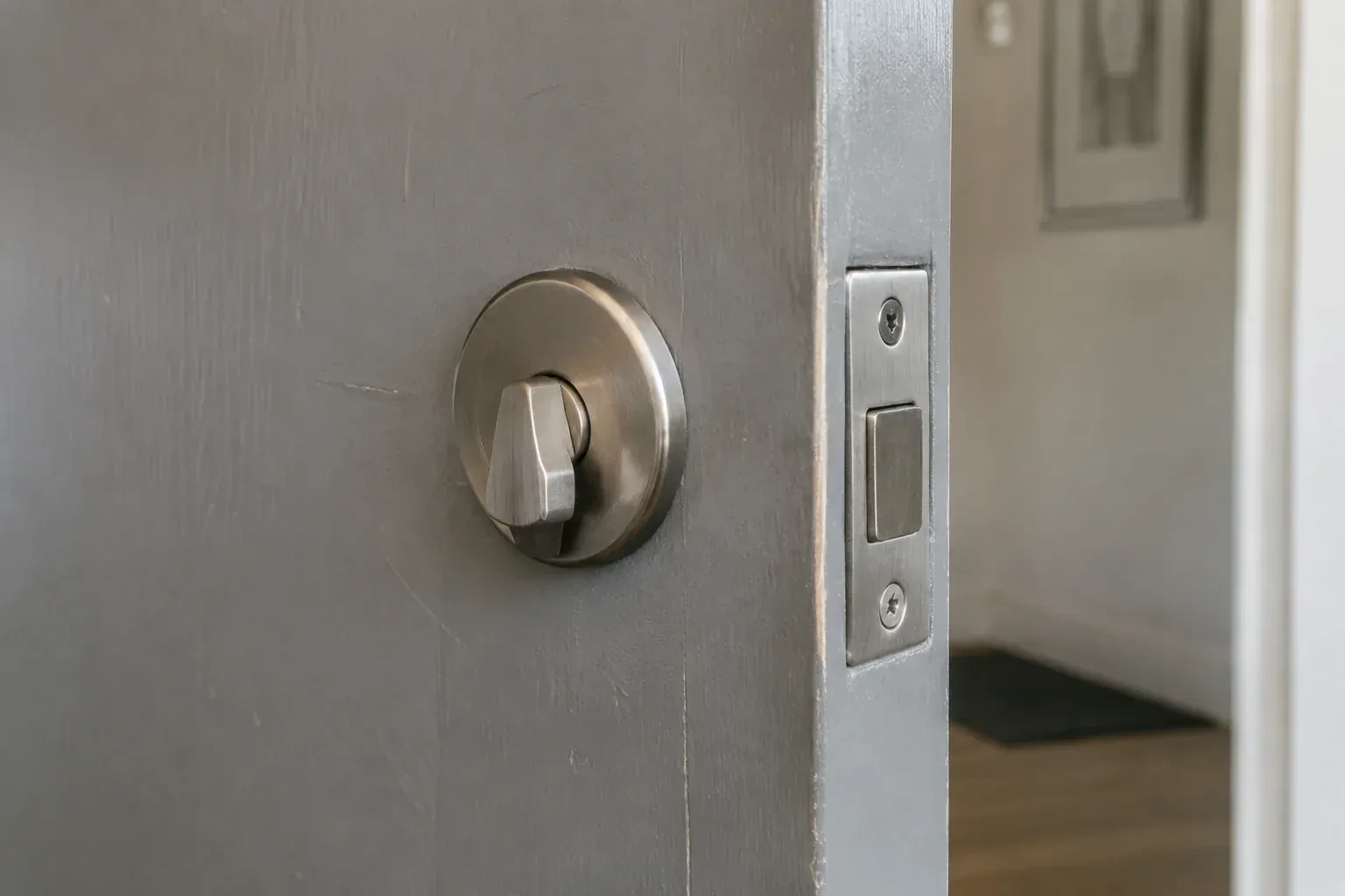 Close view of a satin-nickel deadbolt thumbturn and edge faceplate on a painted timber door. — Deadbolt Installation, Burlington