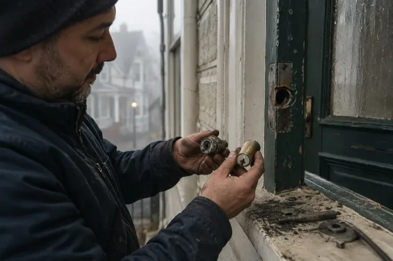 Person holding two lock cylinders beside an open painted door, with loose hardware and debris on the sill. — Seized & Jammed Lock Opening, Burlington
