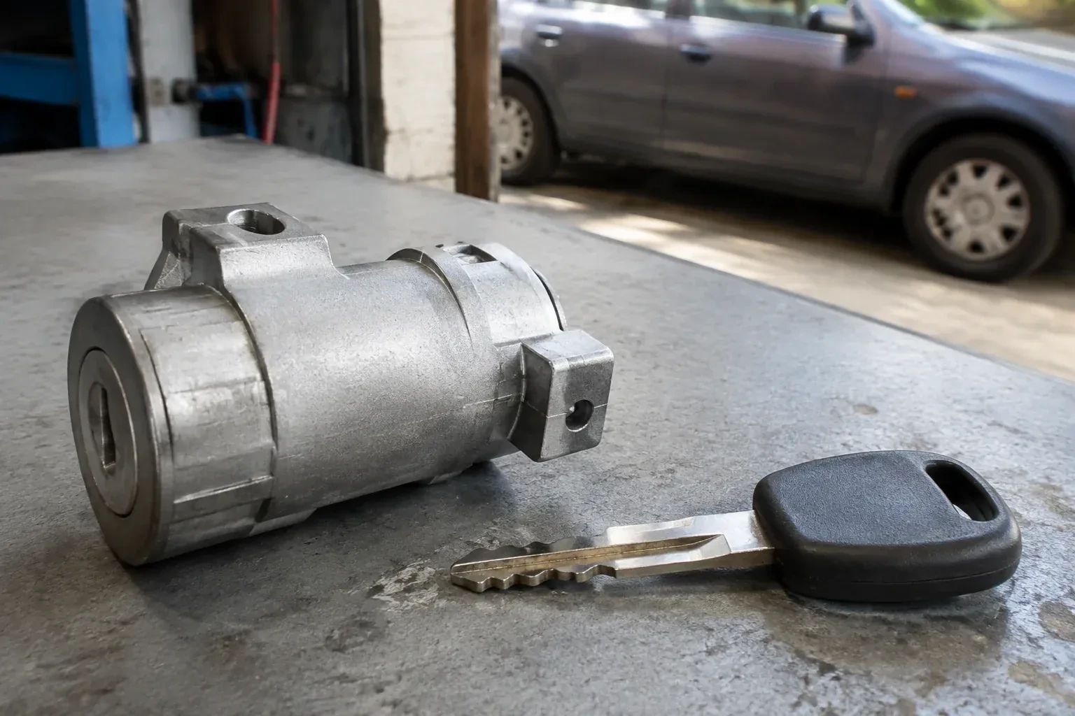 Detached cylindrical lock housing and black-headed key on an automotive workbench. — Ignition Lock Repair, Burlington