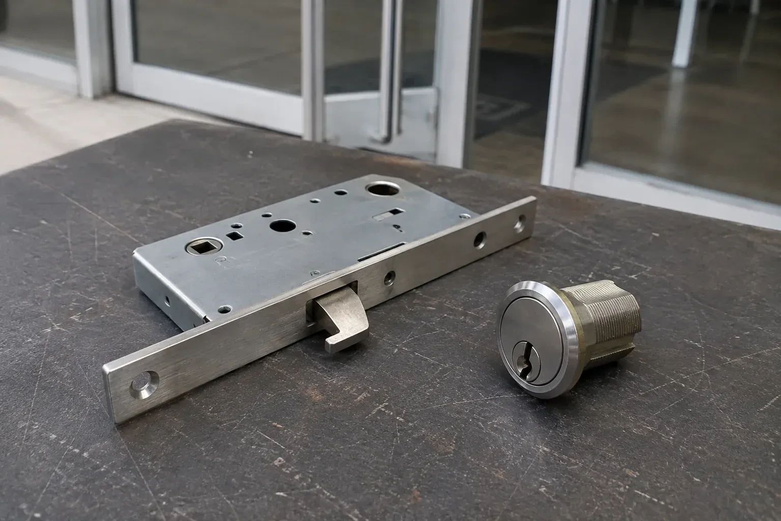Detached mortise lock body with a projecting hook-shaped bolt beside a threaded cylinder. — Commercial-Grade Lock Replacement, Burlington