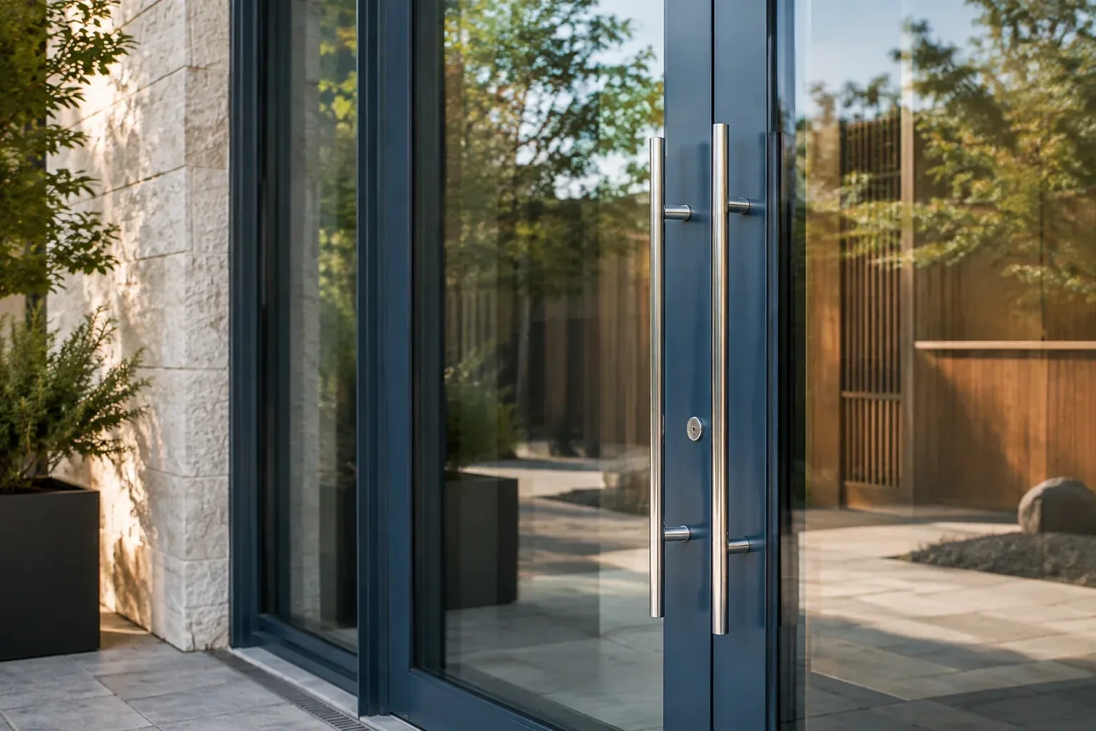 Dark-framed glass entrance doors with long silver-colored vertical pull handles and a round keyhole. — Business Lockout Service, Burlington