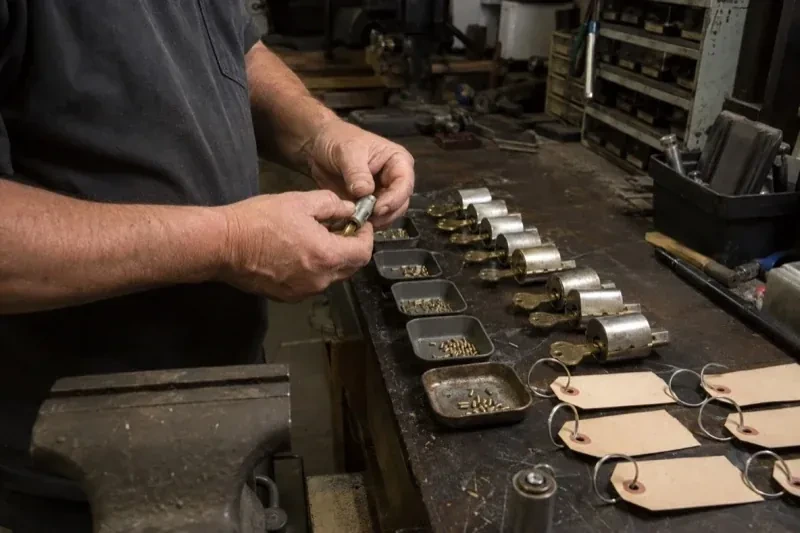 Person handling a lock cylinder at a workbench lined with cylinders, keys, small pin trays and blank key tags. — Commercial Rekeying, Burlington