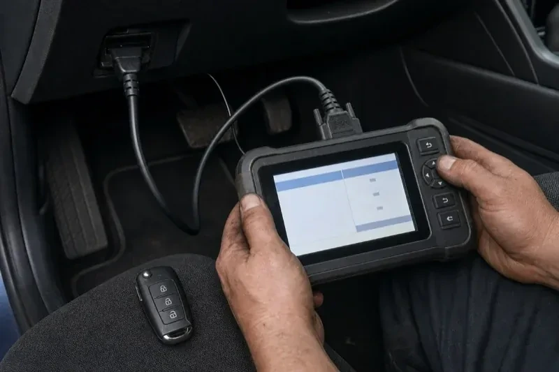 Hands holding a diagnostic tablet connected beneath a car dashboard, with a key fob resting on the person’s leg. — Key Fob Programming, Burlington