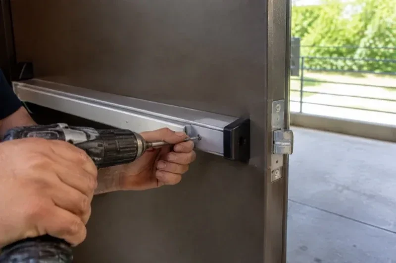 Hands using a power driver at the end of a horizontal push bar on an open metal door. — Panic & Exit Hardware, Burlington