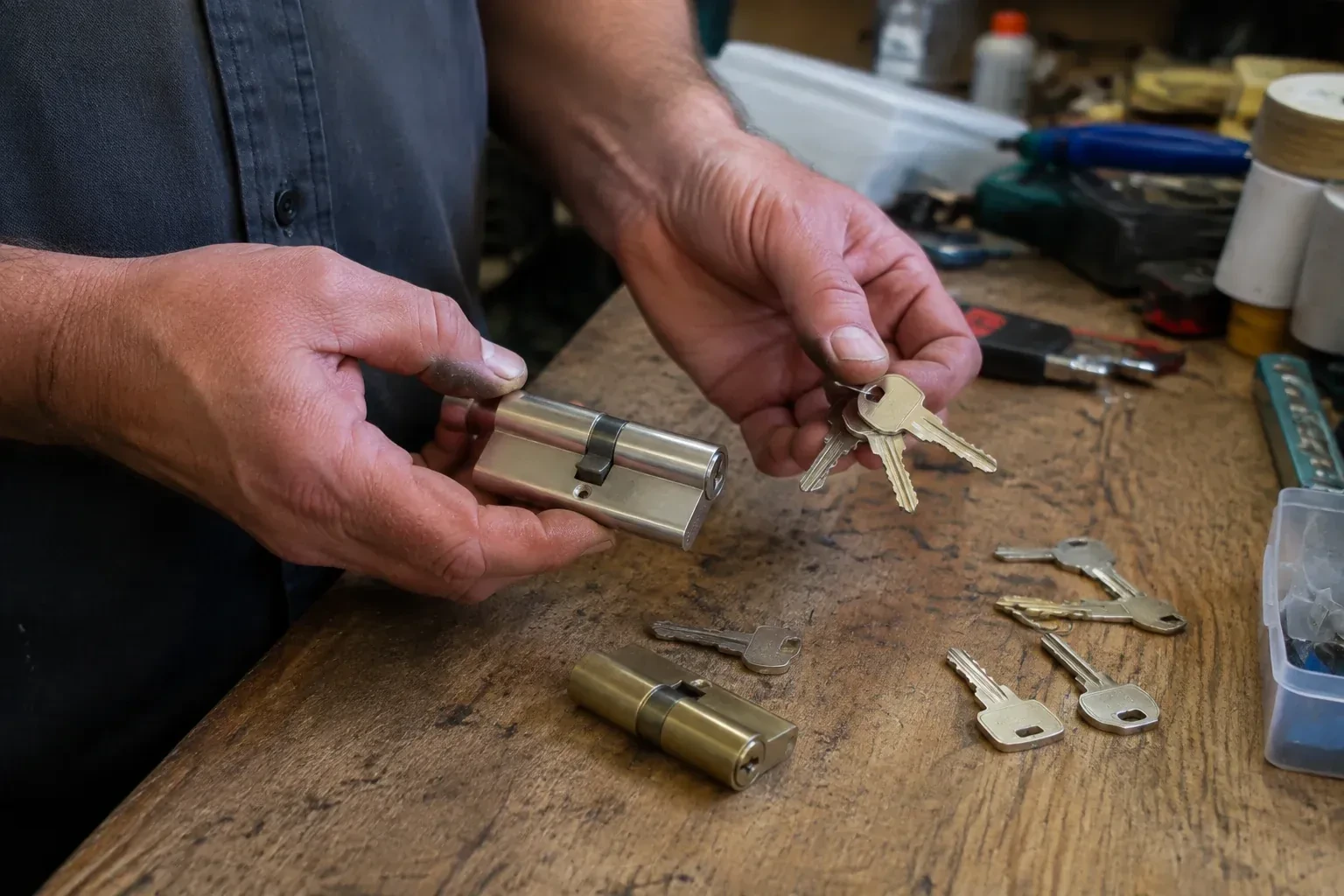 Hands holding a lock cylinder and a ring of keys above a worn workbench with another cylinder and loose keys. — Lock Rekeying, Burlington