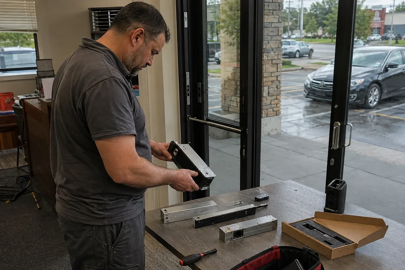 Person holding a rectangular door-hardware housing at a table with additional metal assemblies beside a glass entrance. — Access Control Installation, Burlington