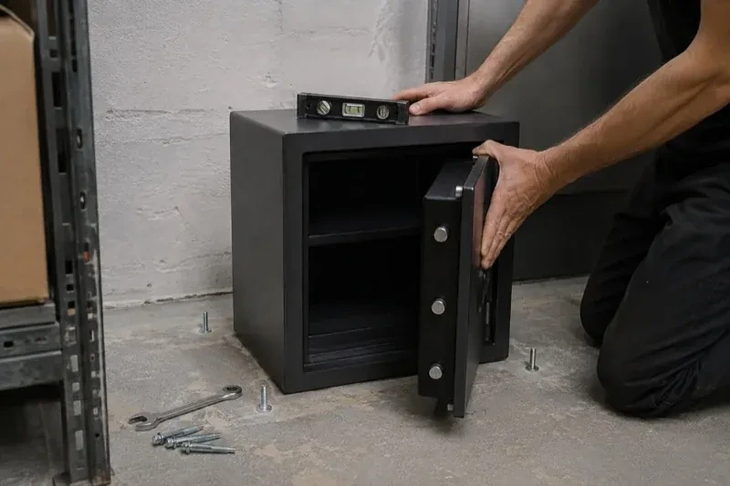 Person kneeling beside an open black safe with a spirit level on top and loose bolts and a wrench on the concrete floor. — Safe Installation & Servicing, Burlington
