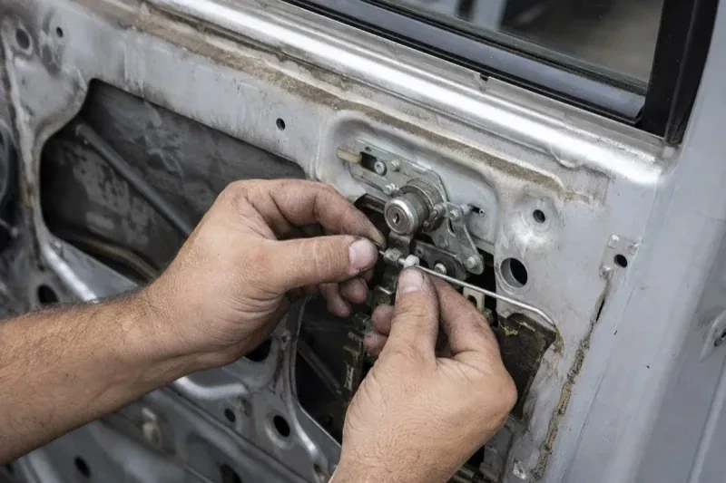 Hands holding a small linkage beside an exposed car-door lock mechanism with the interior trim removed. — Vehicle Lock Repair, Burlington