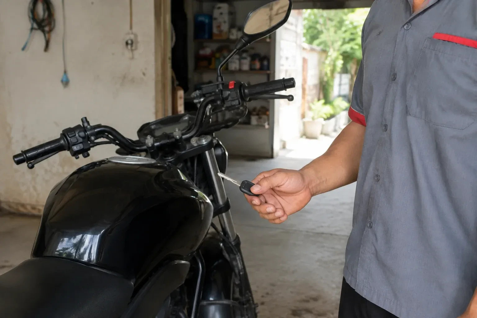 Technician holding a black-headed key beside a parked motorcycle. — Motorcycle & Scooter Keys, Burlington