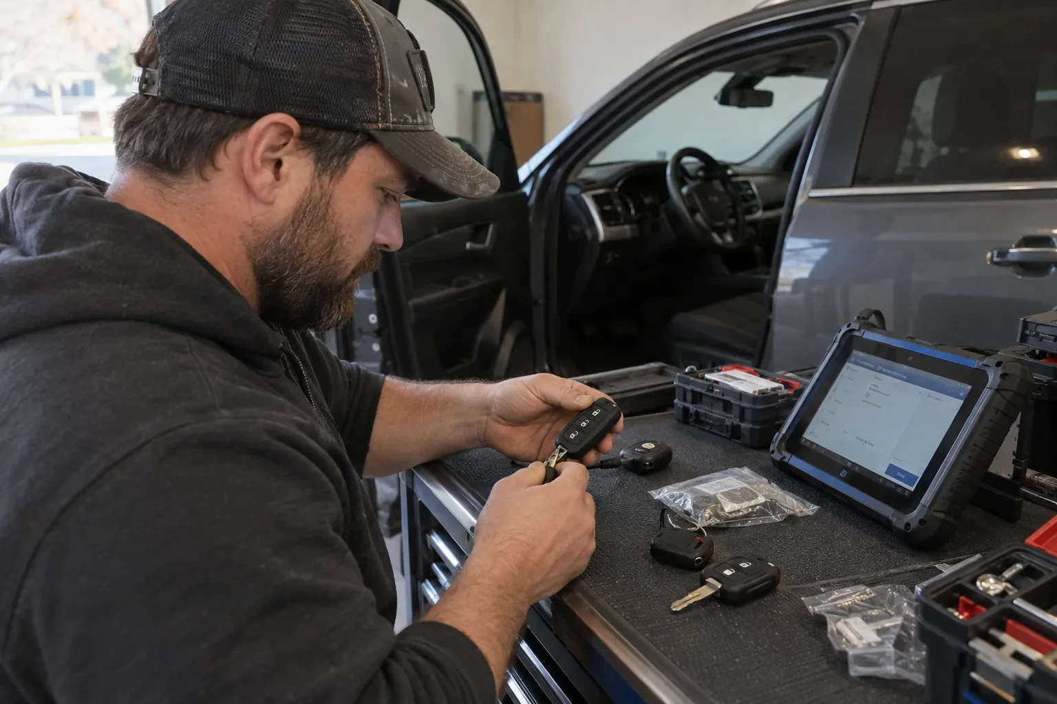 Technician in a cap holding a car key fob beside an open vehicle, with a tablet and key parts on a bench. — Elizabeth Gardens