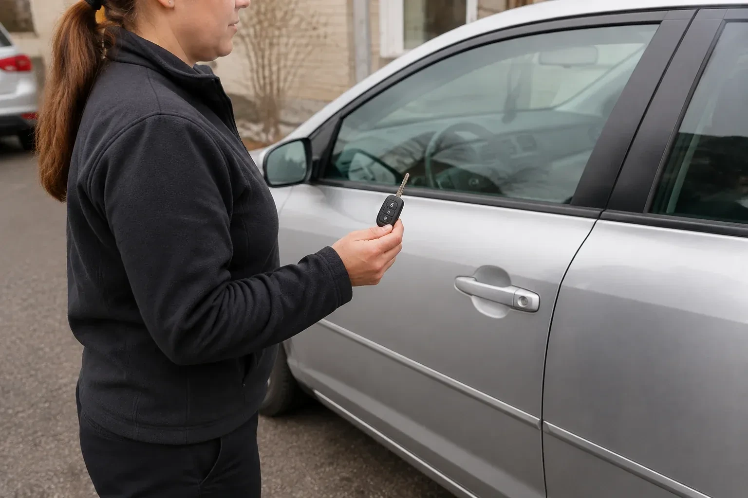 Technician holding a remote key with an extended blade beside a silver car. — Car Key Replacement, Burlington