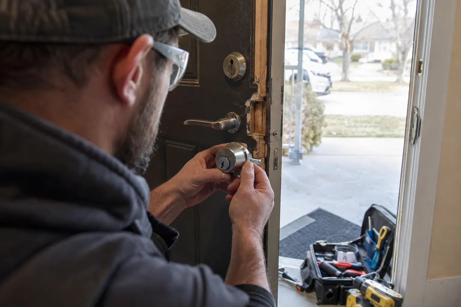 Technician in safety glasses holding a steel deadbolt with a keyway beside a splintered door edge and a tool case. — Dynes