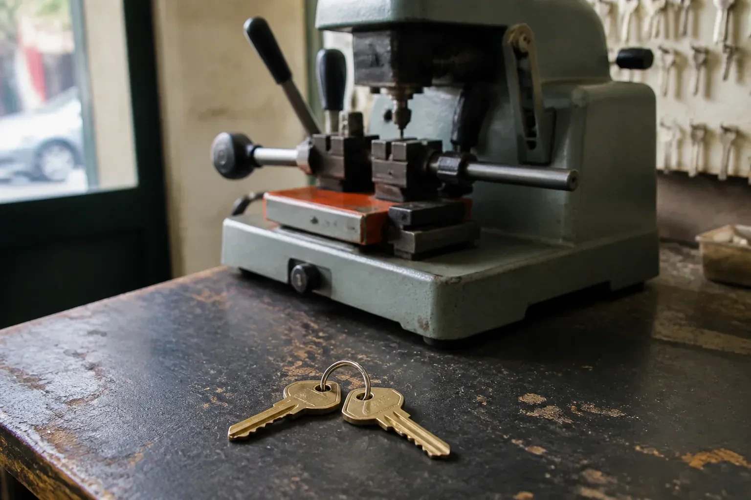 Two brass house keys on a ring resting on a workshop counter. — Spare Car Key Duplication, Burlington
