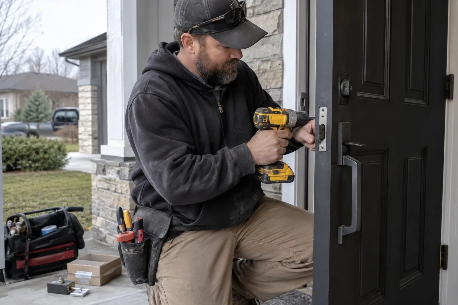 Technician kneeling with a yellow cordless drill at the latch plate of a black door, a tool bag on the porch. — Roseland